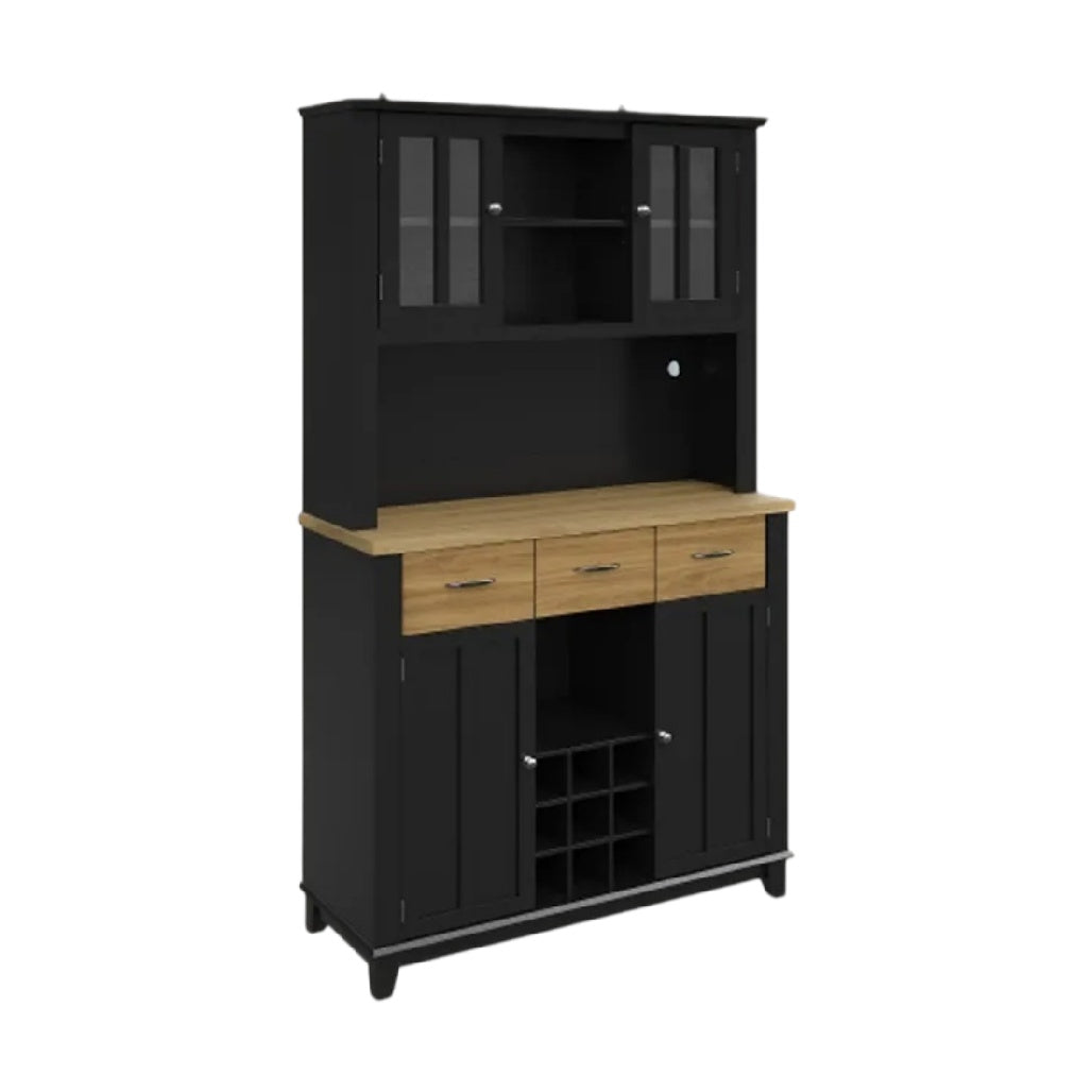 **Buffet en bois noir avec rangement vitré et tiroirs**