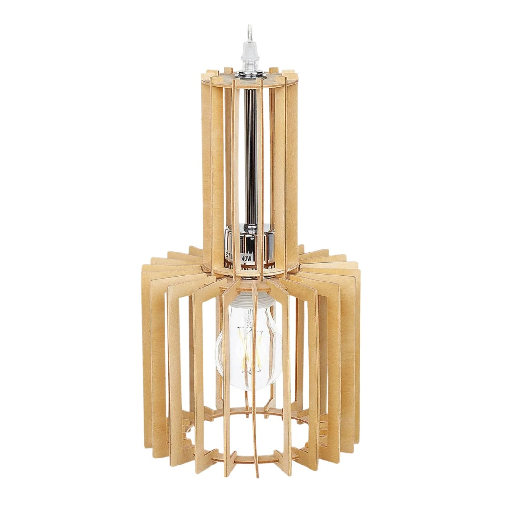 **Lampe en bois avec structure géométrique moderne et ampoule visible**