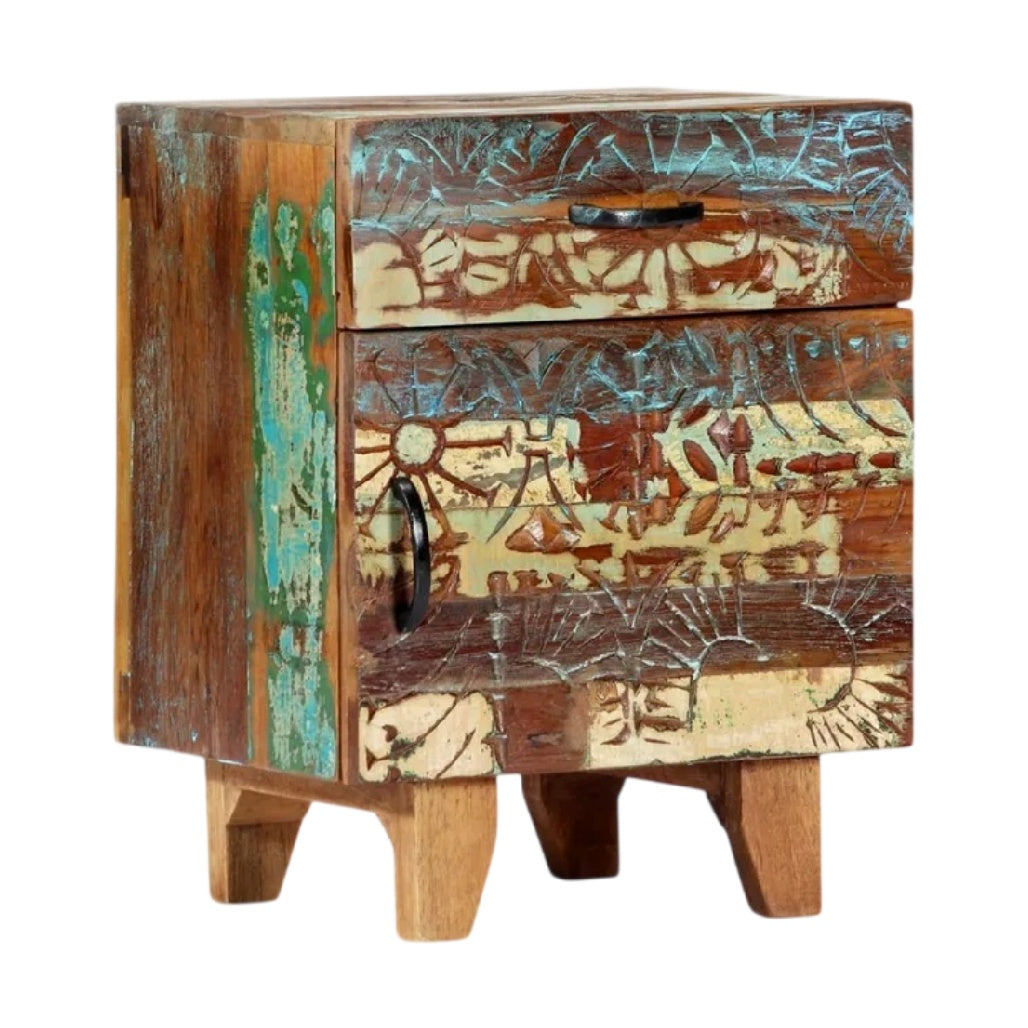 **Table de chevet en bois recyclé avec tiroirs art déco**